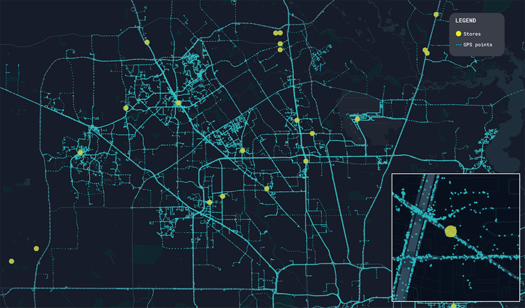 Map of Arity data on driving trips taken in one week around the retailer’s locations