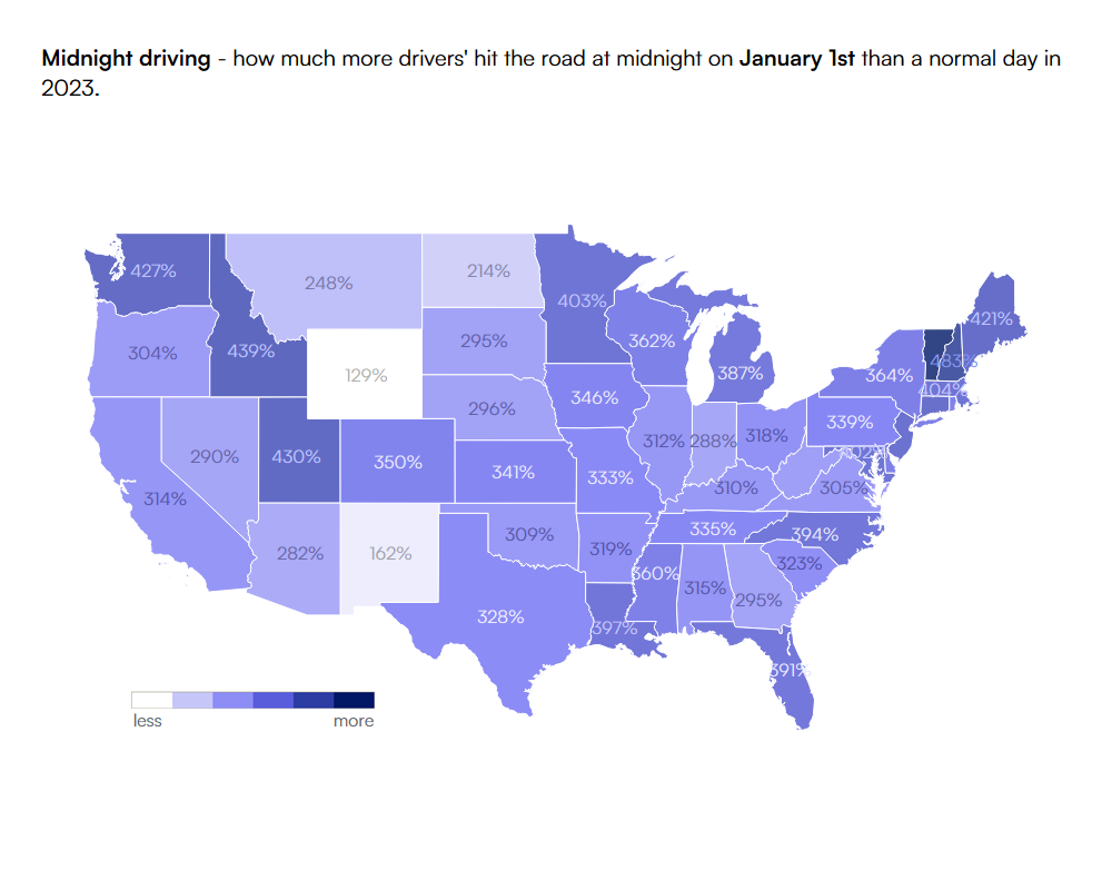 Chart showing percentage increase of people driving on New Year's Eve. 