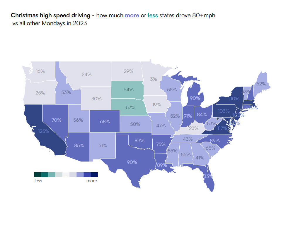 Chart of U.S. map, showing percentage increase or decrease of high speed driving per state on Christmas Day. 