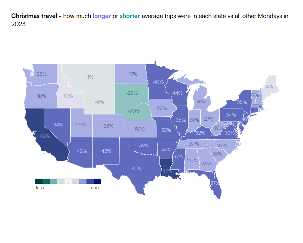 Chart of U.S. map, showing the percentage increase/decrease in miles driven on Christmas Day.