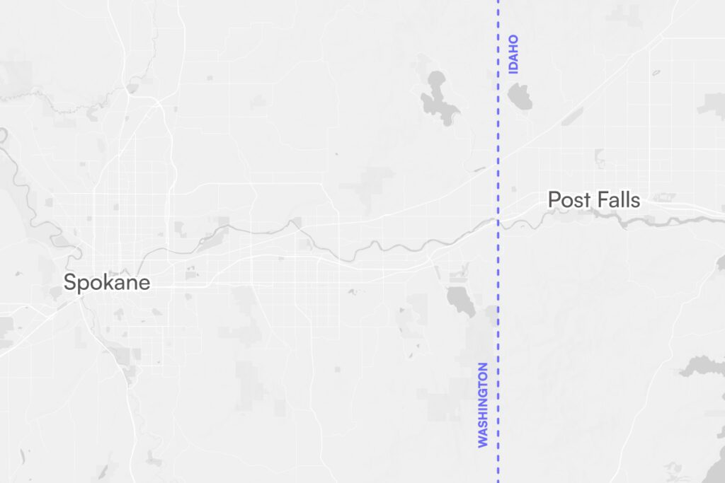 A map that illustrates the close proximity between Spokane, Washington and Post Falls, Idaho