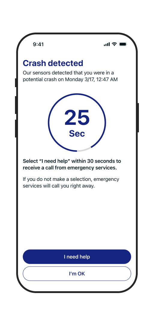 A mobile app screen showing the Arity Crash Detection user interface: A message that a crash was detected and a 25-second countdown to request emergency help
